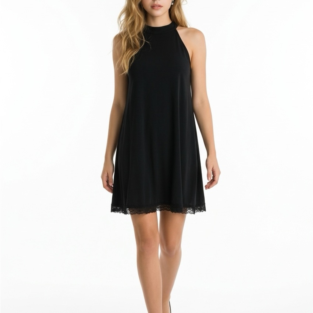 Alya Black Halter Lace-Trim Mini Dress